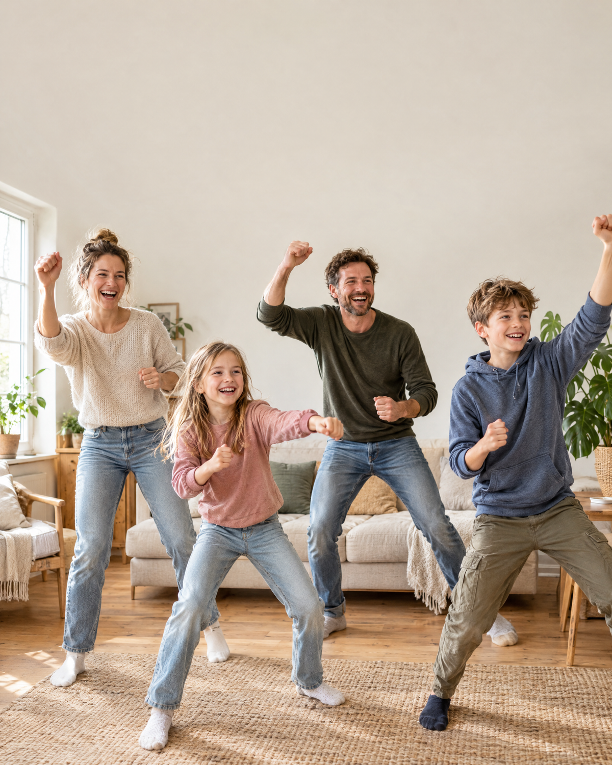 Familie spielt gemeinsam Bewegungsspiele im Wohnzimmer