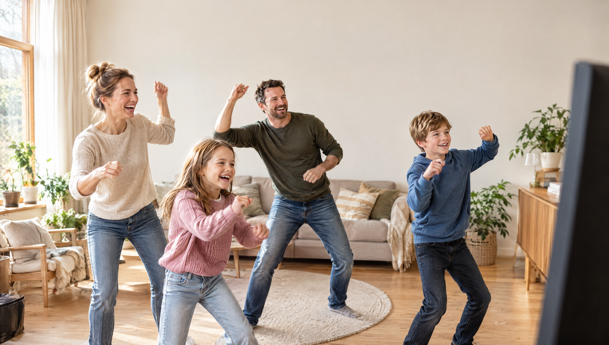 Familie spielt gemeinsam Bewegungsspiele im Wohnzimmer