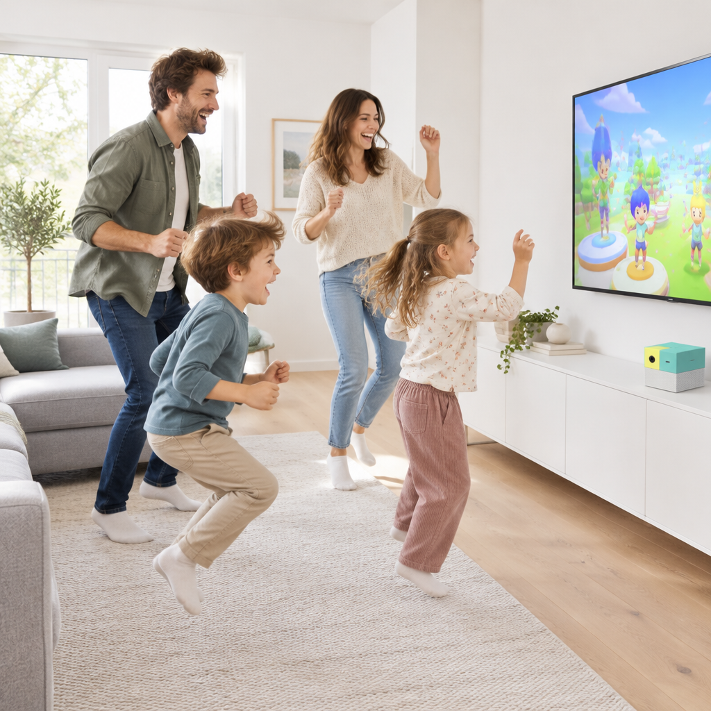 Familie spielt gemeinsam mit Nex Playground im Wohnzimmer